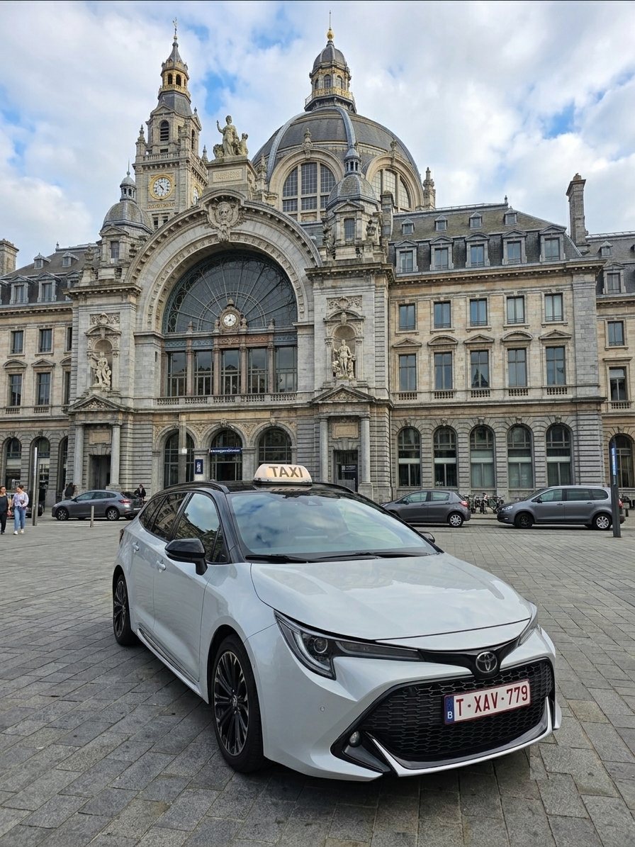 Witte Toyota Corolla Touring Sports taxi aan Antwerpen-Centraal